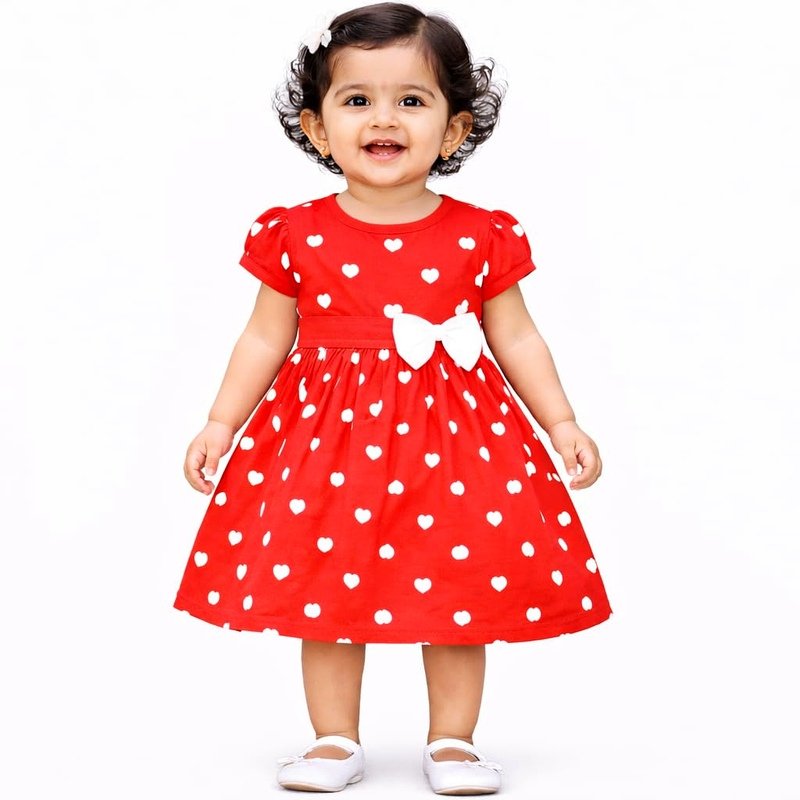 Babeezworld Cotton Baby Girl Dress - Knee Length fit and Flare Dress Frock jhabla (Red; 3-4 Years)