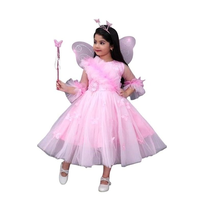 Girls Princess Party Frock Net Embellished Rosette Knee Length Round Neck Three Quarter Sleeve Dress for Birthday Wedding Festive Occasion