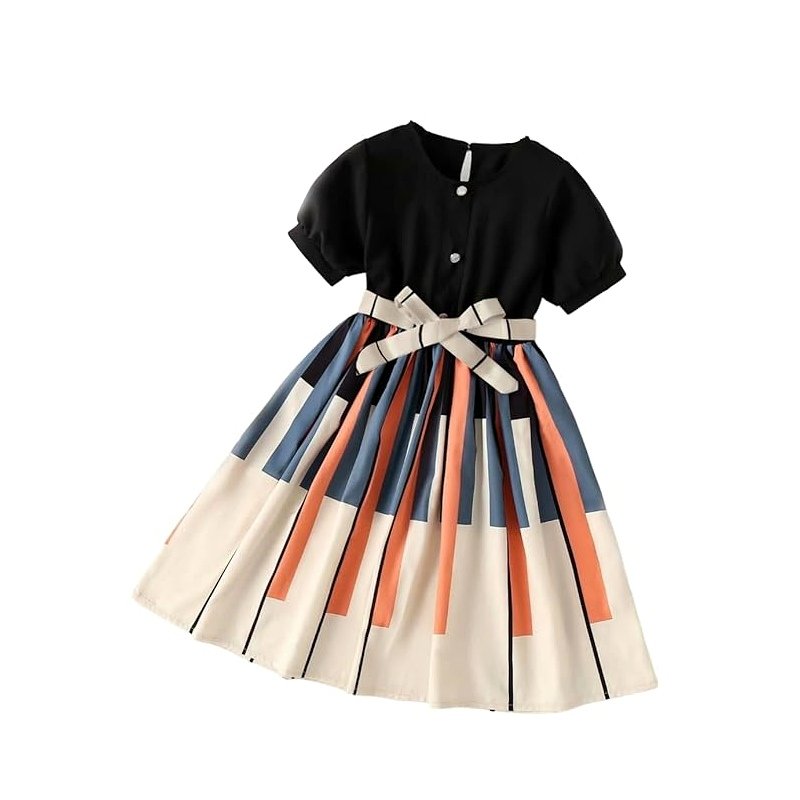 ASHIKTA Enterprise Girls Dress,Black Top with Multicolor Pleated Above the Knee Skirt & Bow,Stylish Kids Frock for Birthday & Casual Wear