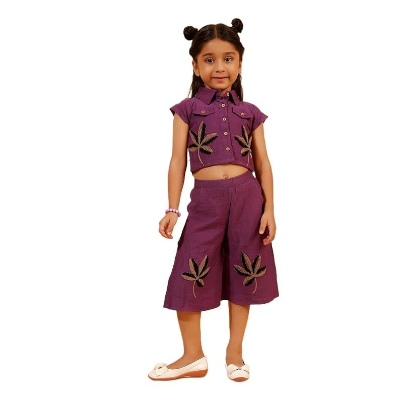 Clothing Set for Girls Purple Cotton Short Sleeve Top and Bottom Outfit for Kids Summer Ethnic Wear Round Neck Two Piece Apparel Set with Matching Lower and Coordinated Design Size 20 Apparel
