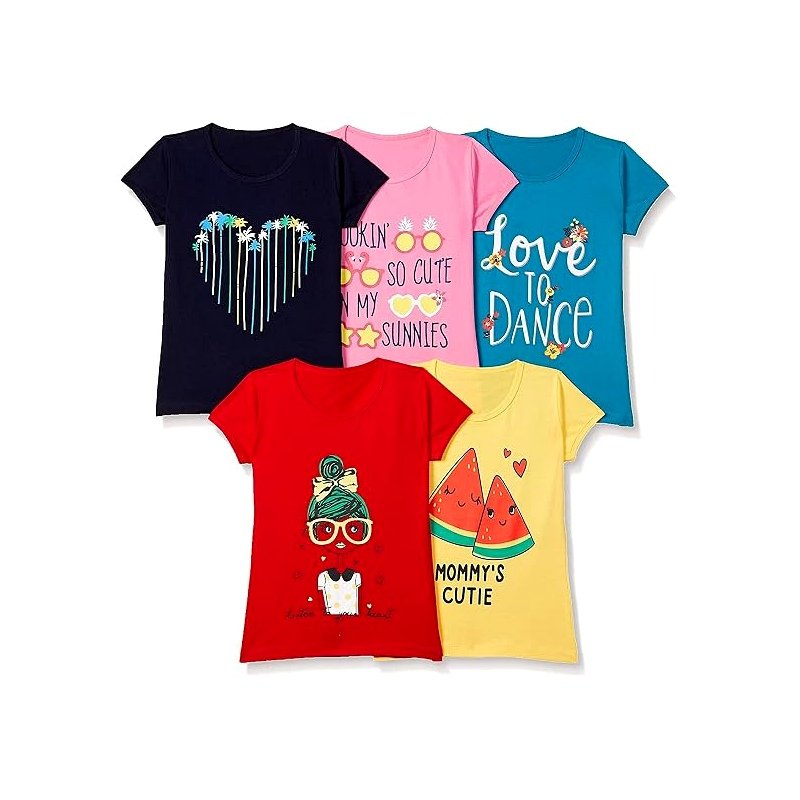 T2F Girls Cotton Printed Regular Fit T-Shirt (Pack of 5)