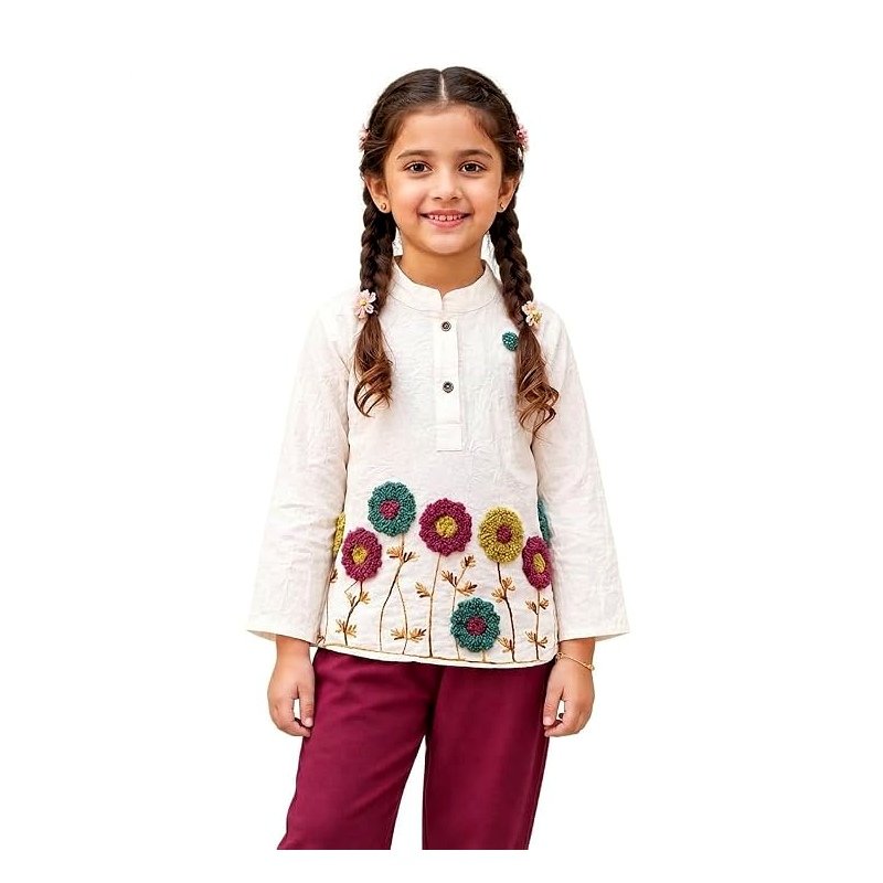Girls Cotton Floral Embroidered Kurti with Wide Leg Pants Set | Kids Ethnic Wear Co-Ord Set for Festive & Casual Wear