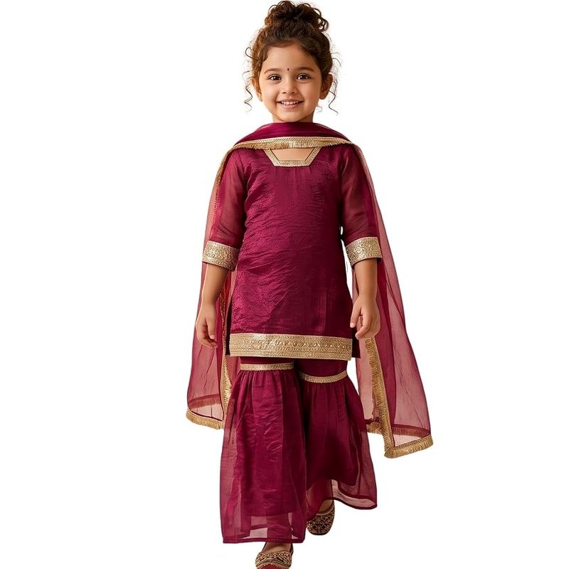 AJ DEZINES Ethnic Wear Sharara Suit Set For Girls With Dupatta|Punjabi dress for Kids|Silk Blend Girls Salwar Suit|Traditional Patiala Outfit|Stylish Kids Kurta Sharara for Festivals Weddings
