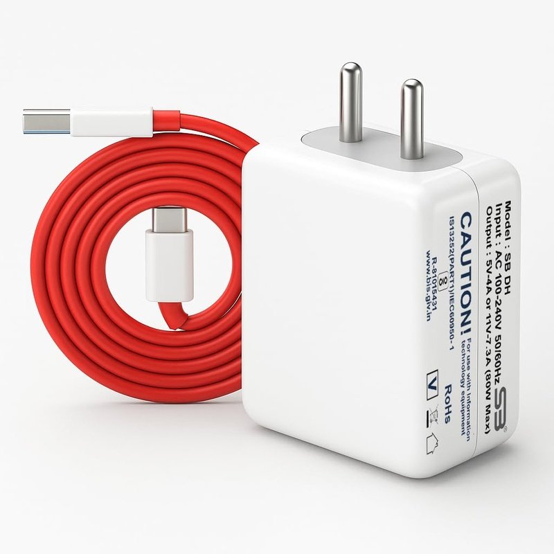 SB 80W Fast Charger with USB to Type C Cable | 7.3A Mobile Charger Adapter | Compatible with SuperVOOC, VOOC, Warp, Dash & Dart Charging Devices | for OnePlus, Realme & Oppo Smartphones.
