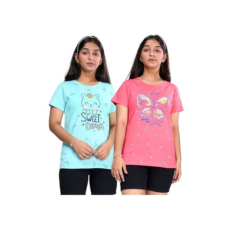 Zuniors Girls' Cotton T-Shirt Combo Pack of 2 | Half Sleeve Round Neck Tops with Cute Cartoon & Motivational Prints | Casual Wear for Girls (Ages 2–16 Years)