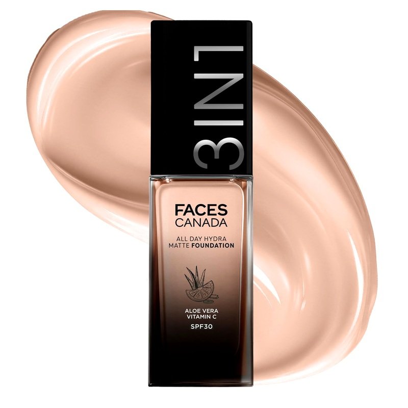 FACES CANADA All Day Hydra Matte Foundation | 3-in-1 Foundation + Moisturizer + SPF 30 | 24 HR Aloe Hydration & Vitamin C | 10HR Long Wear | Medium to High Buildable Coverage | Rose Ivory 011 | 30ml