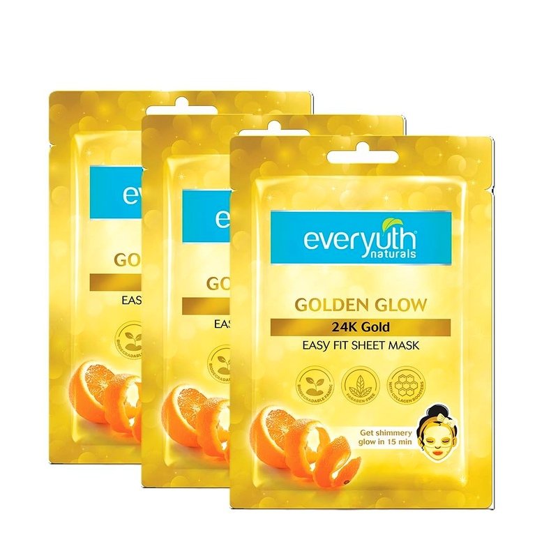 Everyuth Naturals Golden Glow Sheet Mask | 24K Gold & Orange Peel Extract | Instant Shimmery Golden Glow in 15 Minutes | Serum Mask | 2 Piece easy fit sheet mask | Pack of 3