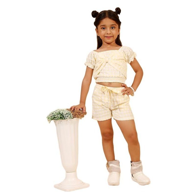 Clothing Set for Girls Yellow Cotton Short Sleeve Top and Bottom Outfit for Kids Summer Wear Round Neck Two Piece Apparel with Matching Lower Coordinated Design Size 16 Clothing Set
