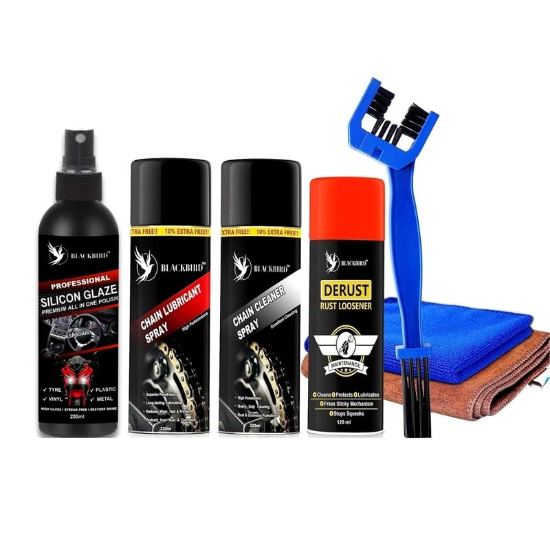 BLACKBIRD Bike Care Kit Chain Lube Spray 220ml, Chain Cleaner Spray 220ml, De-Rust 120ml, All in One Polish 200ml, Chain Cleaning Brush & 2 Pc Microfiber Cloth Motorcycle Cleaning Maintenance Combo