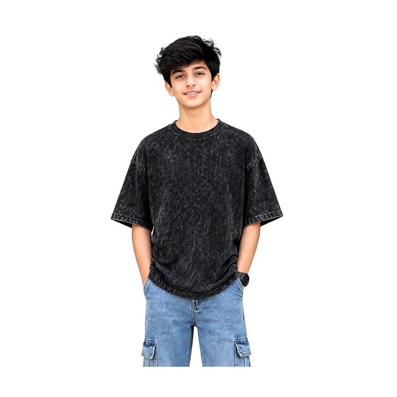 Boys Oversized Acid Wash Round Neck T-Shirt | Cotton Blend Half Sleeve Collar Neck Casual & Sports Wear | Comfortable Loose Fit Trendy Kids T-Shirt for Boys
