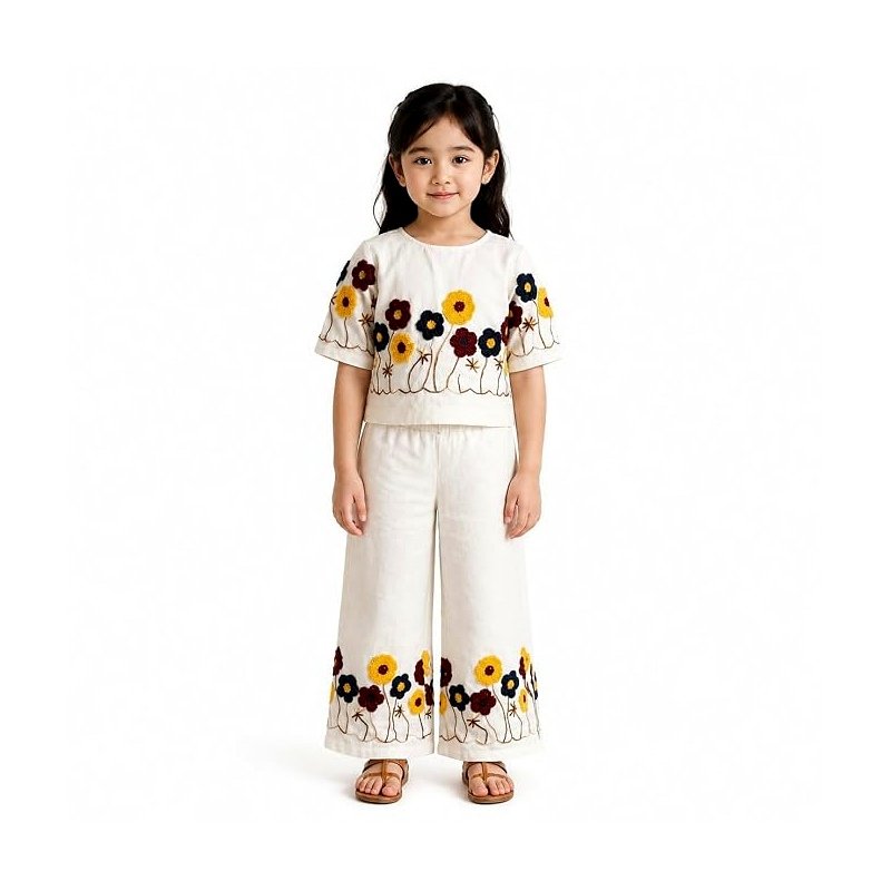 Pure Cotton Co-Ord Set For Girls - Tufted 3D Flower Embroidery Work