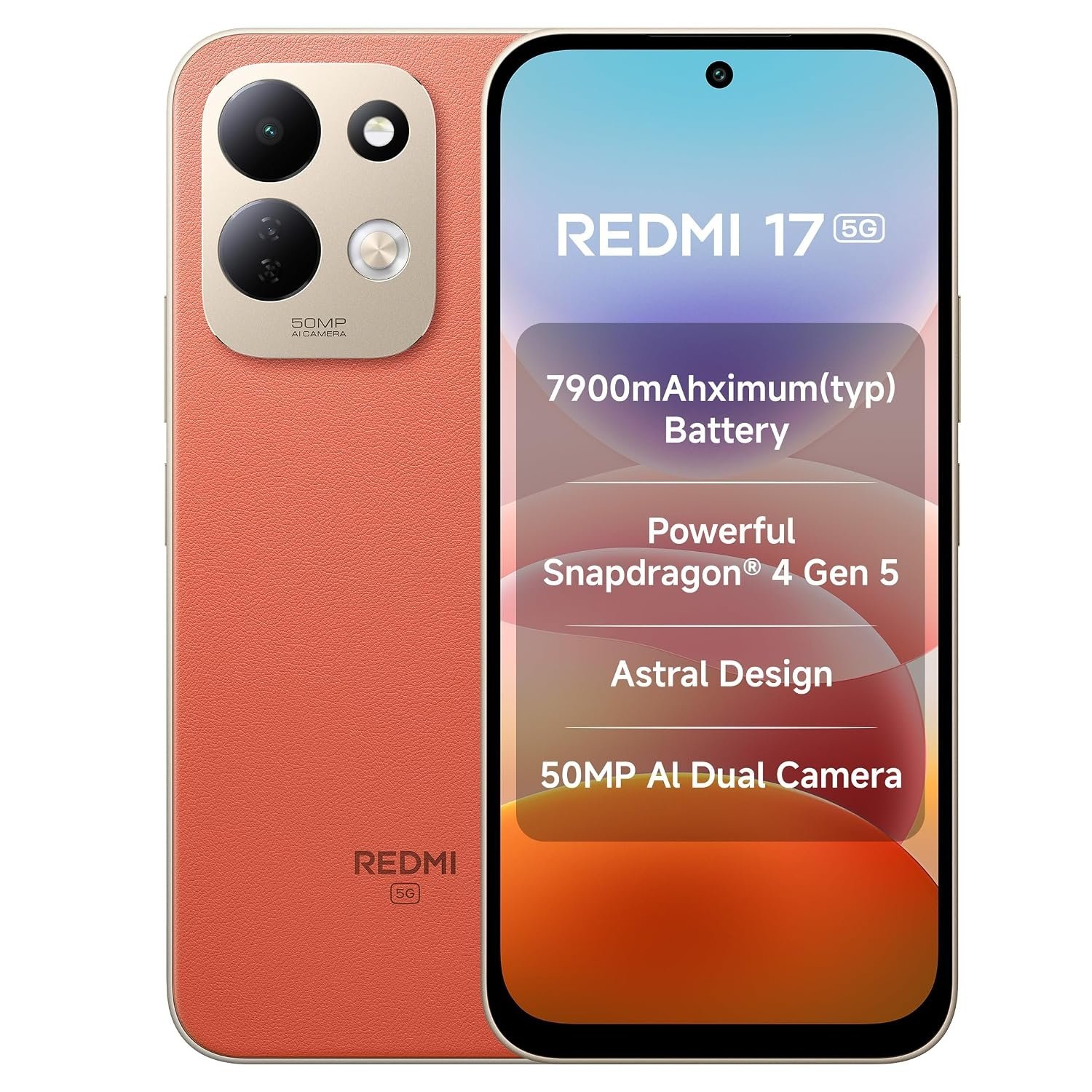 Redmi 17 5G (Eternal Orange, 8GB RAM, 128GB ROM) | 7900mAh Battery + 45W Fast Charging | 6.9" 120Hz Adaptive Display | Snapdragon 4 Gen 5 | 50MP Dual AI Camera | Corning® Gorilla® Glass 7i | IP64
