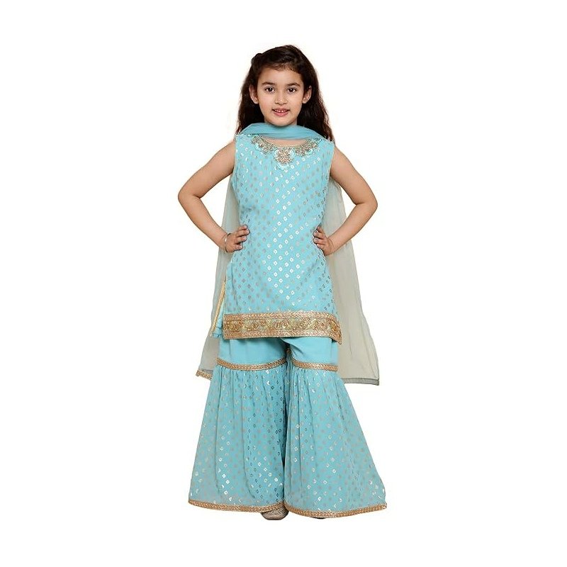 Adiva Kids Georgette Sleeveless Kurta Sharara Set for Girls - Ethnic Wear | Festival Wear - Foil Printed Pattern, Regular Fit