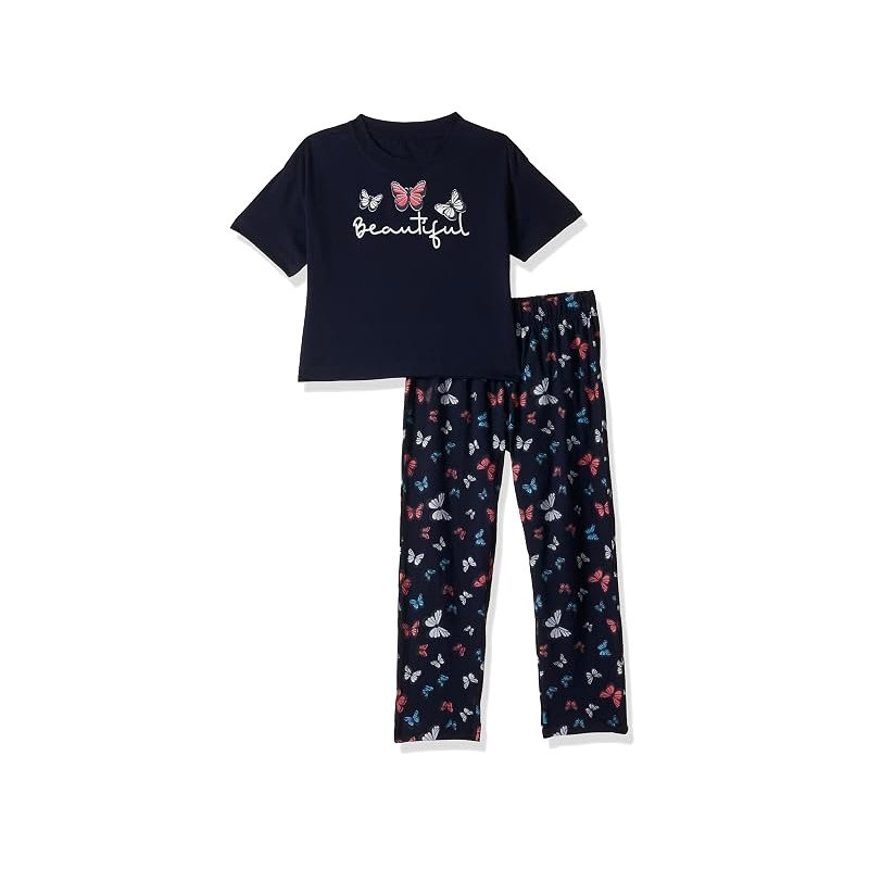 T2F Girls Cotton Printed Oversized Fit Crop Top and Pant Pajama Set