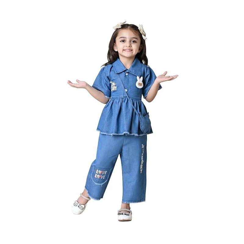 Little Girls 2-Piece Denim Set Peplum Top and Wide Leg Pants with Bunny Applique, Crossbody Bag Outfit