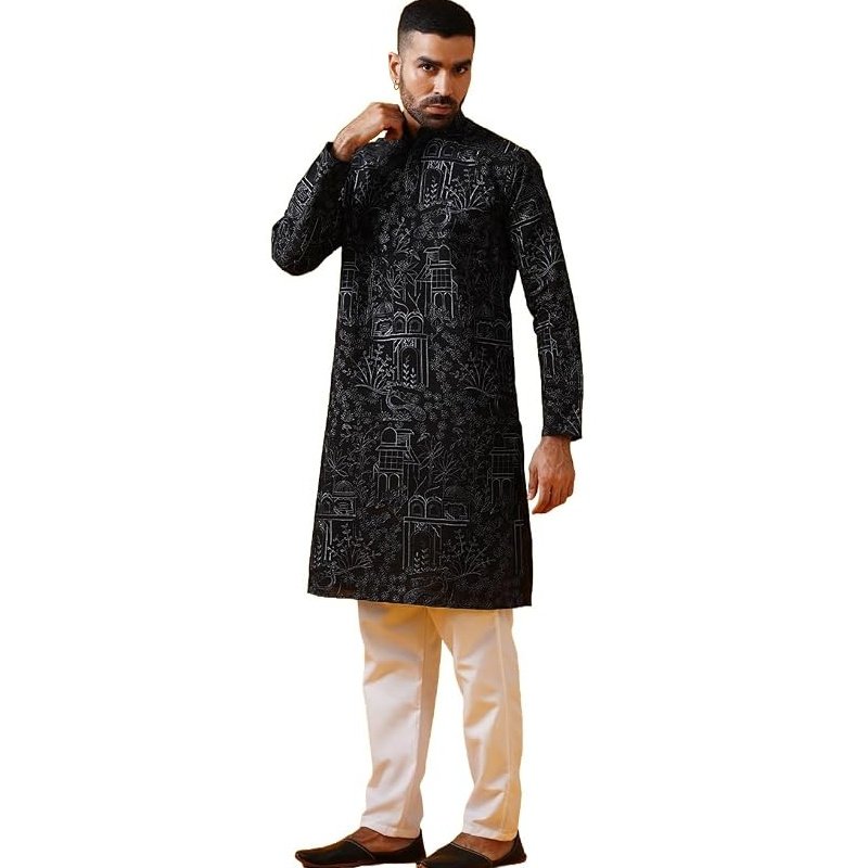 SOJANYA (Since 1958 Men's Cotton Silk Kantha Thread Embroidered Kurta with White Pyjama