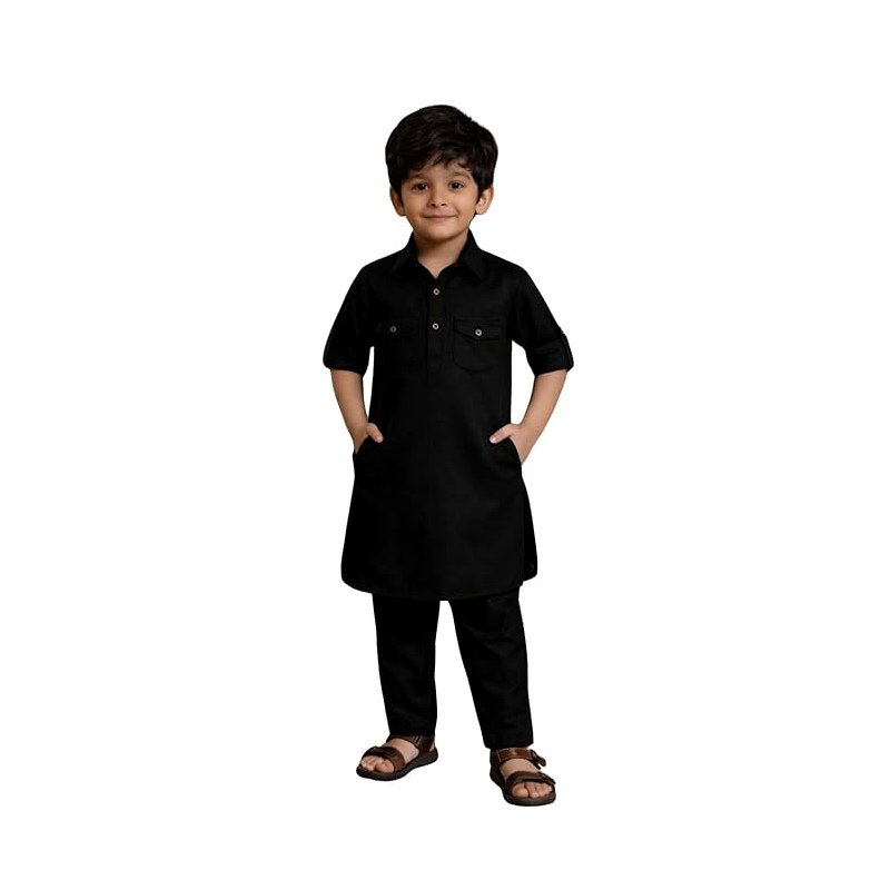 superminis Boys Cotton Pathani Style Solid Print Full Sleeves Kurta Pyjama Ethnic Wear Set