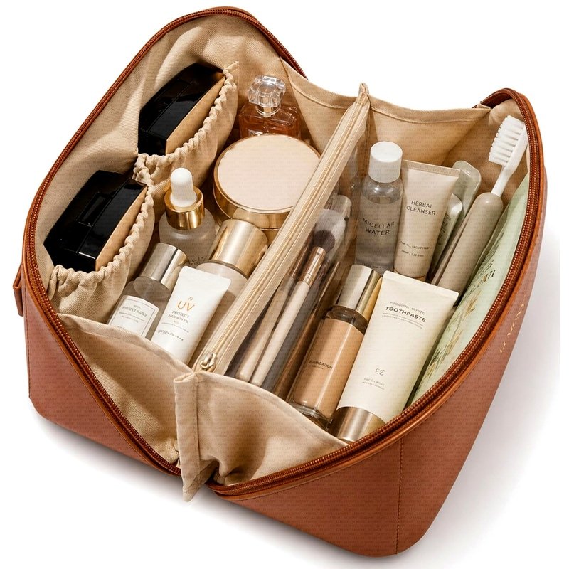 LUMONY® Makeup Pouch Bag Leather Large Capacity Travel Toiletries Organizer Cosmetic Bag with Handle and Divider Multifunctional Makeup Bag for Easy Access Waterproof (Brown)