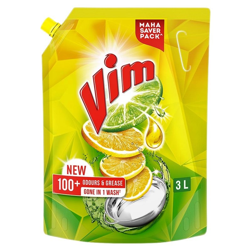 Vim Dishwash Liquid 3 L pouch | Removes 100+ Odours & Grease in 1 wash | With the power of 100 Lemons